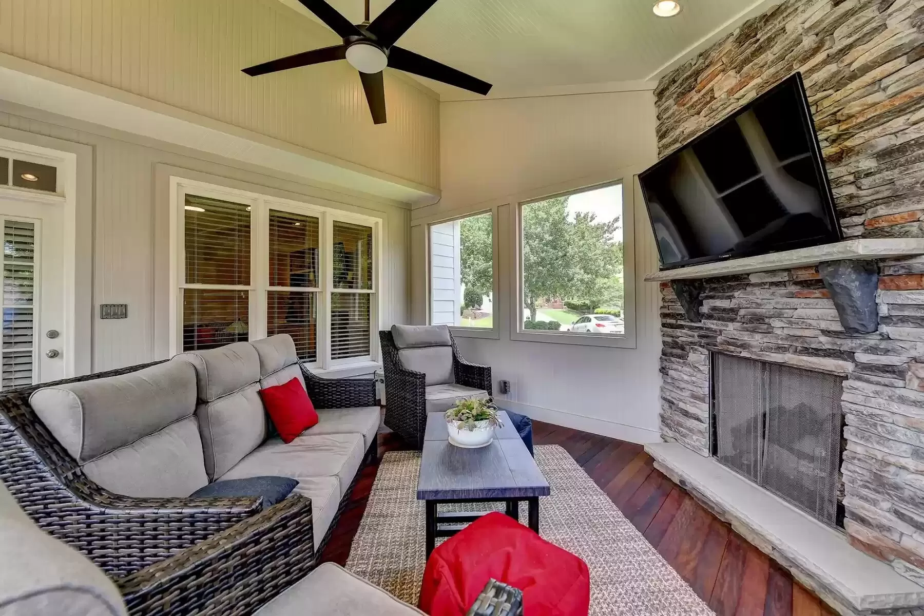 Screened porch with fireplace