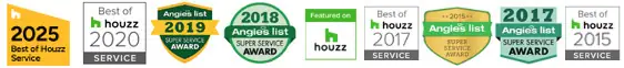 Screenshot Row of remodeling award badges: Best of Houzz 2025, 2020, 2017 and 2015, Angie's List Super Service Awards for 2019, 2018, 2017 and 2015, and a Featured on Houzz badge